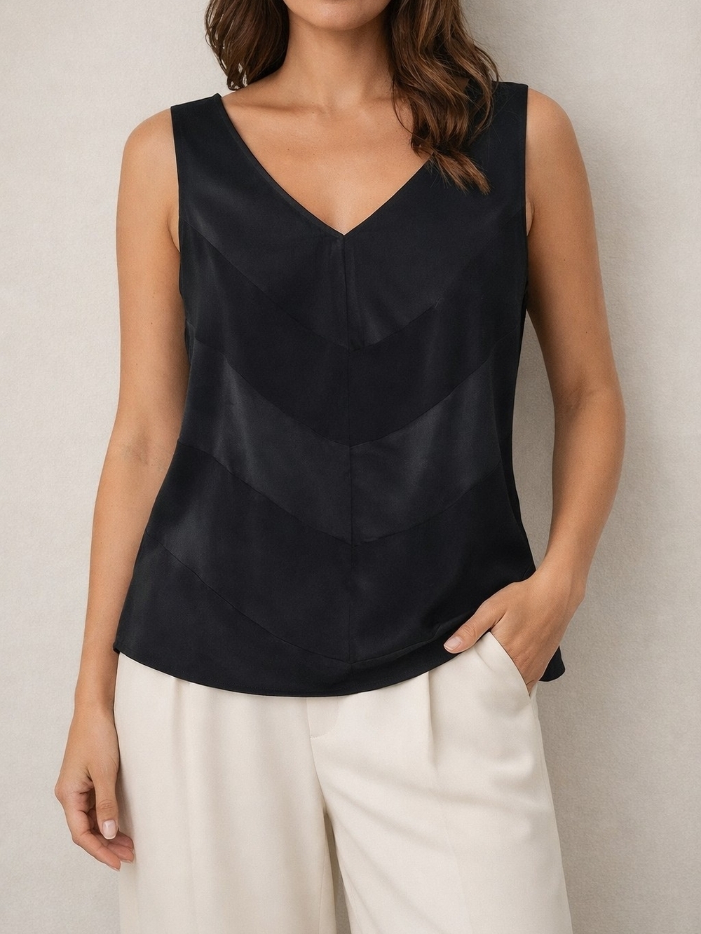 Peter Morrissey Black Chevron V‑Neck Top 14 Elegant Evening Glam Modern Elegant